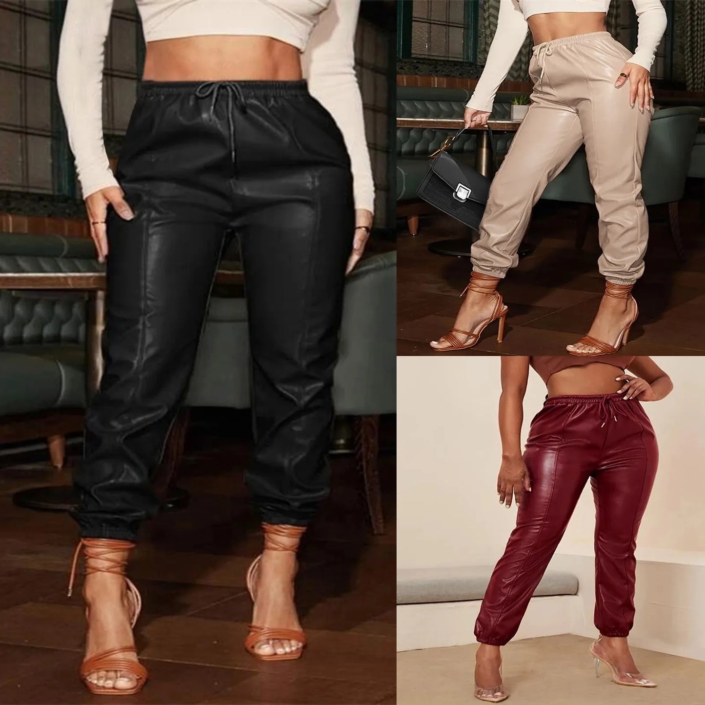 Women'S Trousers With Belt Solid Color Leather Pants Mid-Waist Fashion Straight Leg Bloomers Loose Female Black Pants New 바지