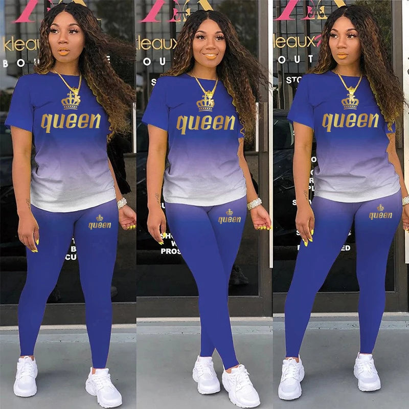 Two Piece Outfits For Yoga Fitness Athletic Sets Printed Gradient T Shirt Leggings Women's Short Sleeve Sportwear S-5XL