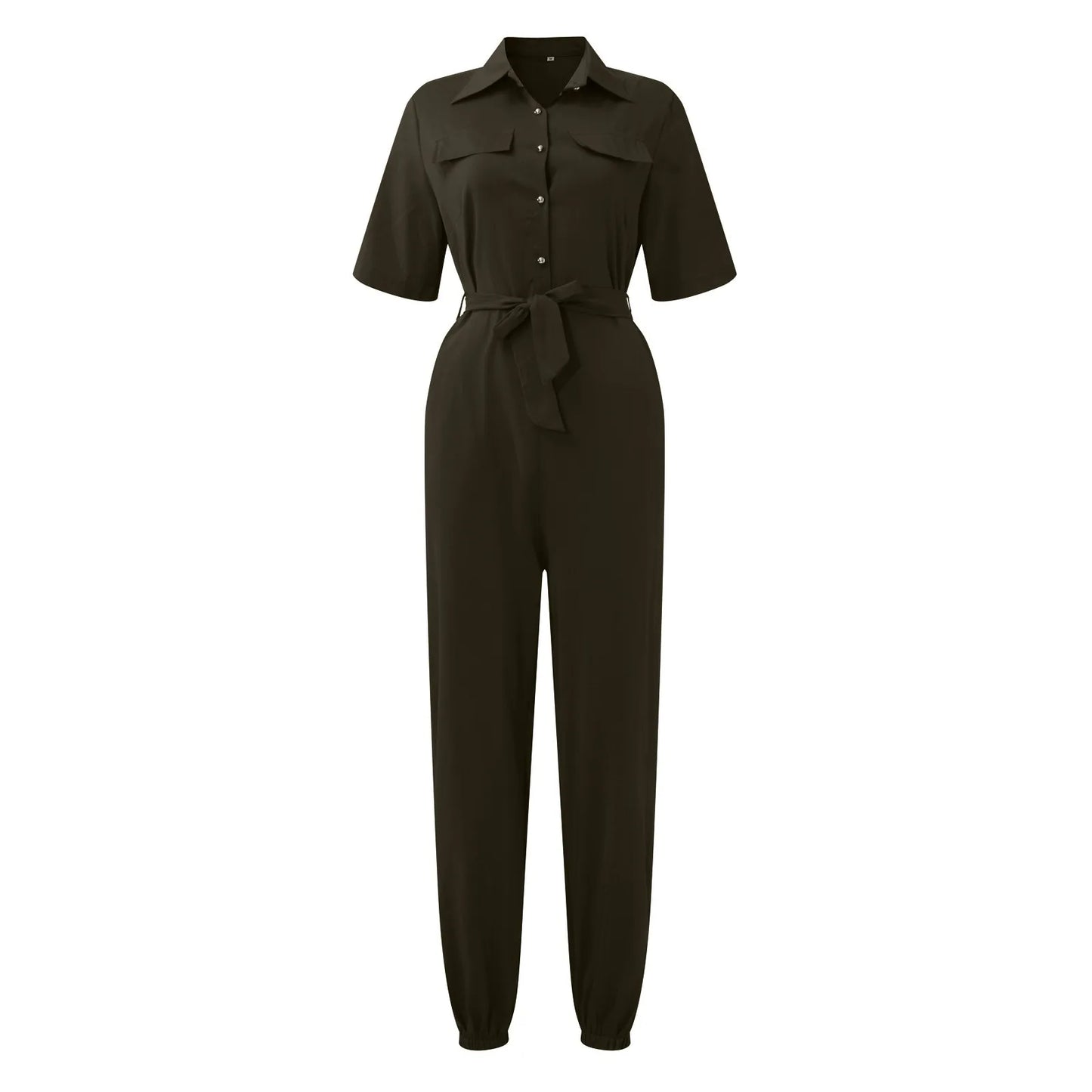 Women's Casual Lapel Lace-Up Printed Belt Short Sleeve Jumpsuit Summer Fashion Workwear Keep Short Eye Catching Junior Size