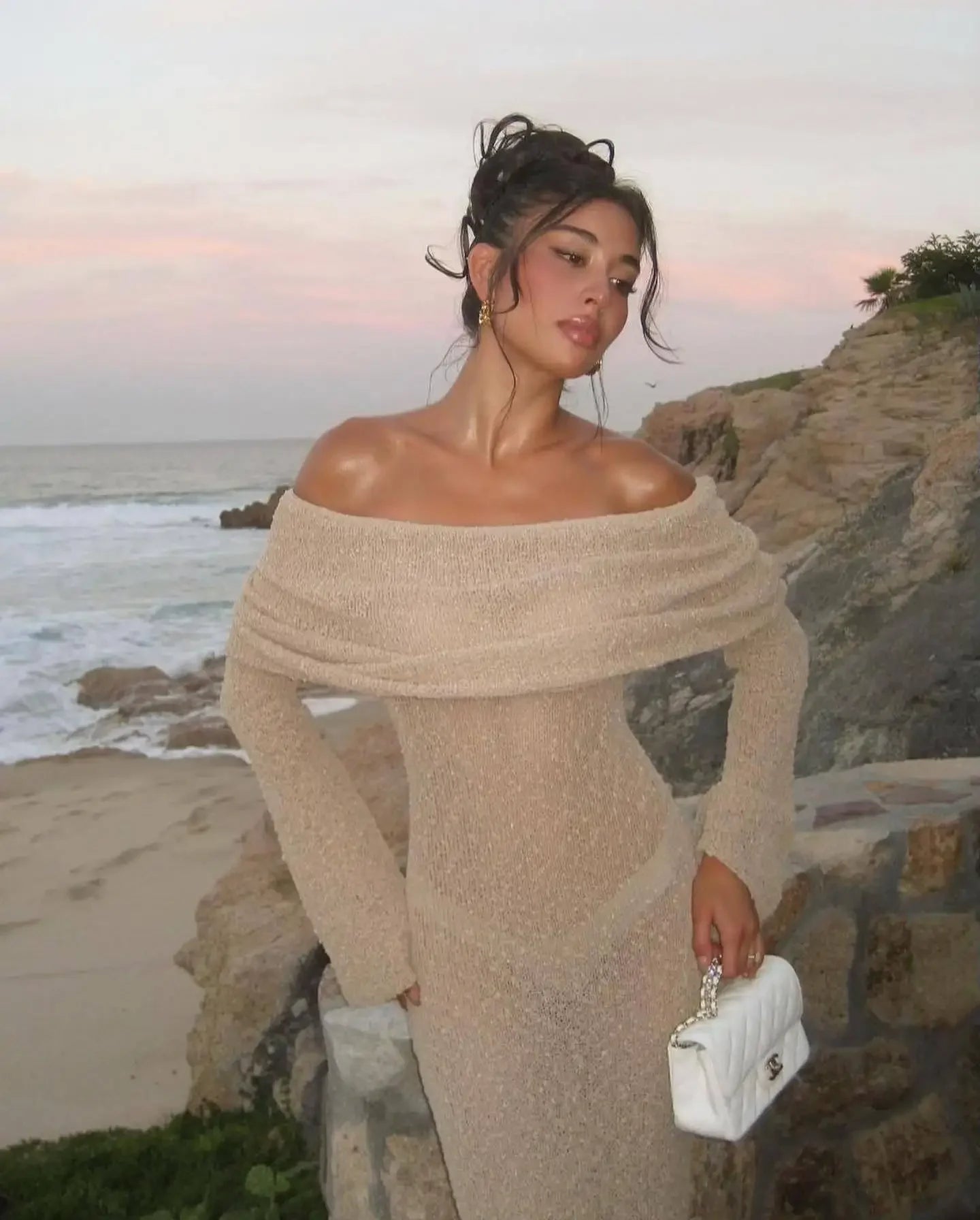 Knit Hollow Out Off-Shoulder Maxi Dress Female Cover up Loose Long Sleeve Holiday Beach Party Dress Women Knitwear Dress