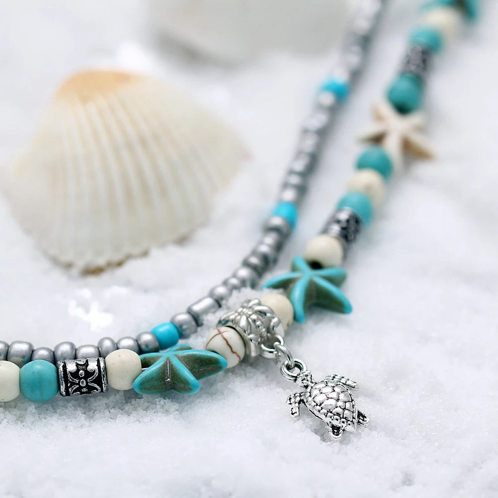 Softones Blue Starfish Turtle Anklet Multilayer Charm Beads Sea Handmade Boho Anklet Foot Jewelry for Women Girl