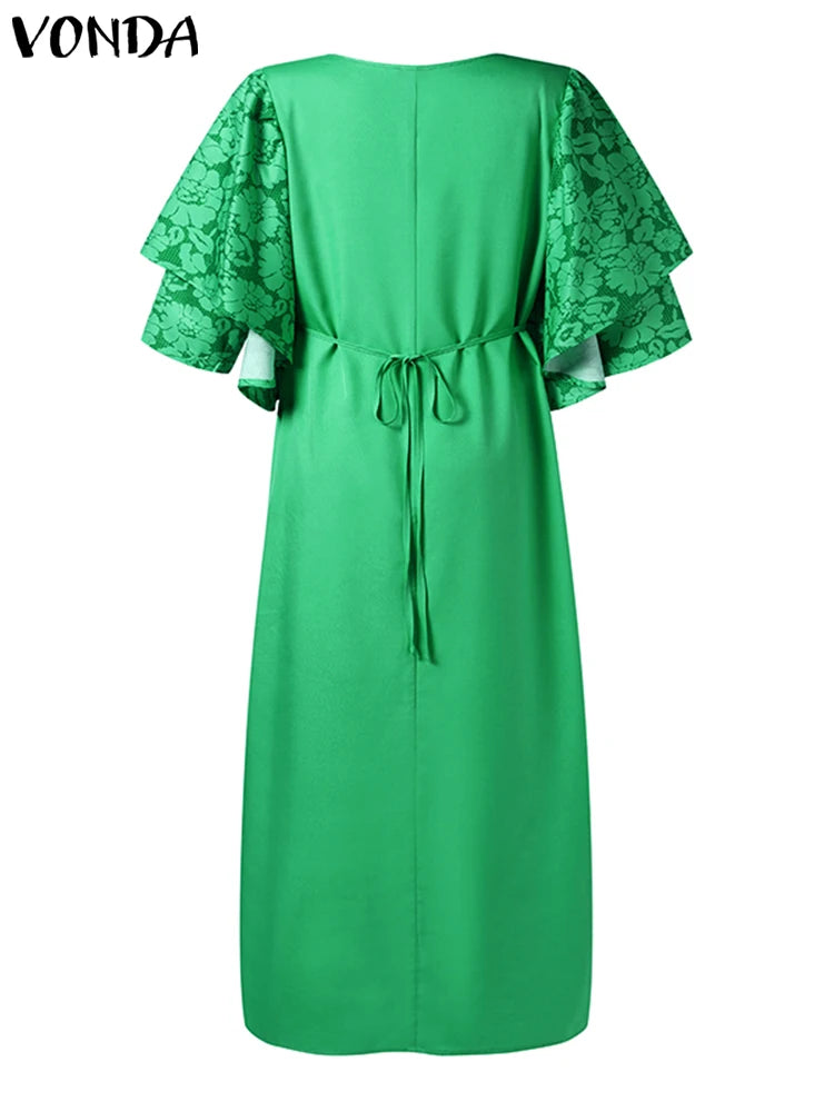 Women Maxi Dress 2023 VONDA Elegant Fare Sleeve Summer Dress Bohemian Solid Color Turtleneck Sundress Fashion Vestido Oversized