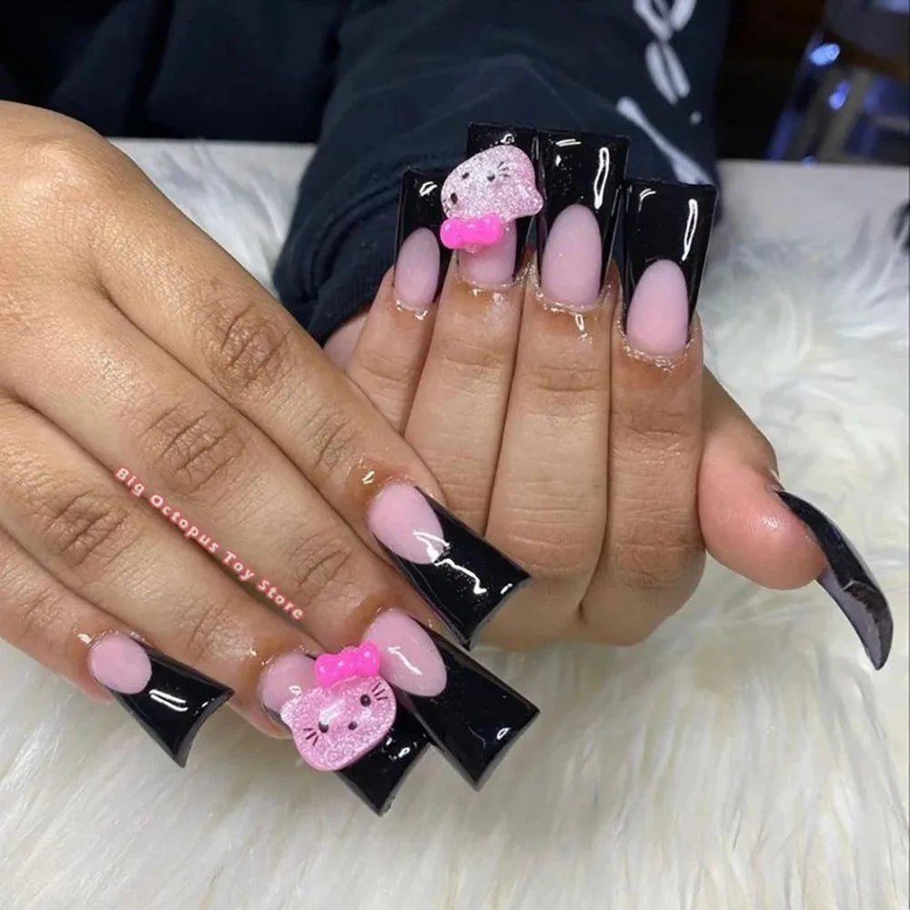 Xxl Euro-Americaen Long Square Cartoon Fake Nails Hello Kitty Mymelody Kuromi Luxury Diamond Handmade Nail Tips Party Sticker