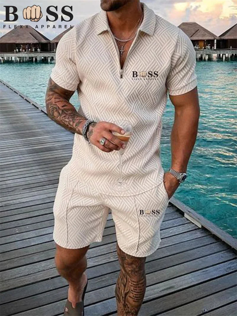 New 2024 Men's Polo Suit Fashion Men Sets Solid Summer V-neck Zipper Short Sleeve POLO Shirt+Shorts Two Pieces Men Casual Suit