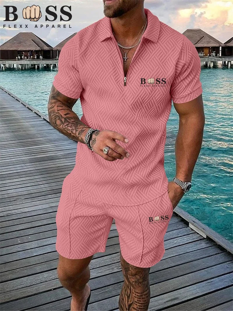 New 2024 Men's Polo Suit Fashion Men Sets Solid Summer V-neck Zipper Short Sleeve POLO Shirt+Shorts Two Pieces Men Casual Suit
