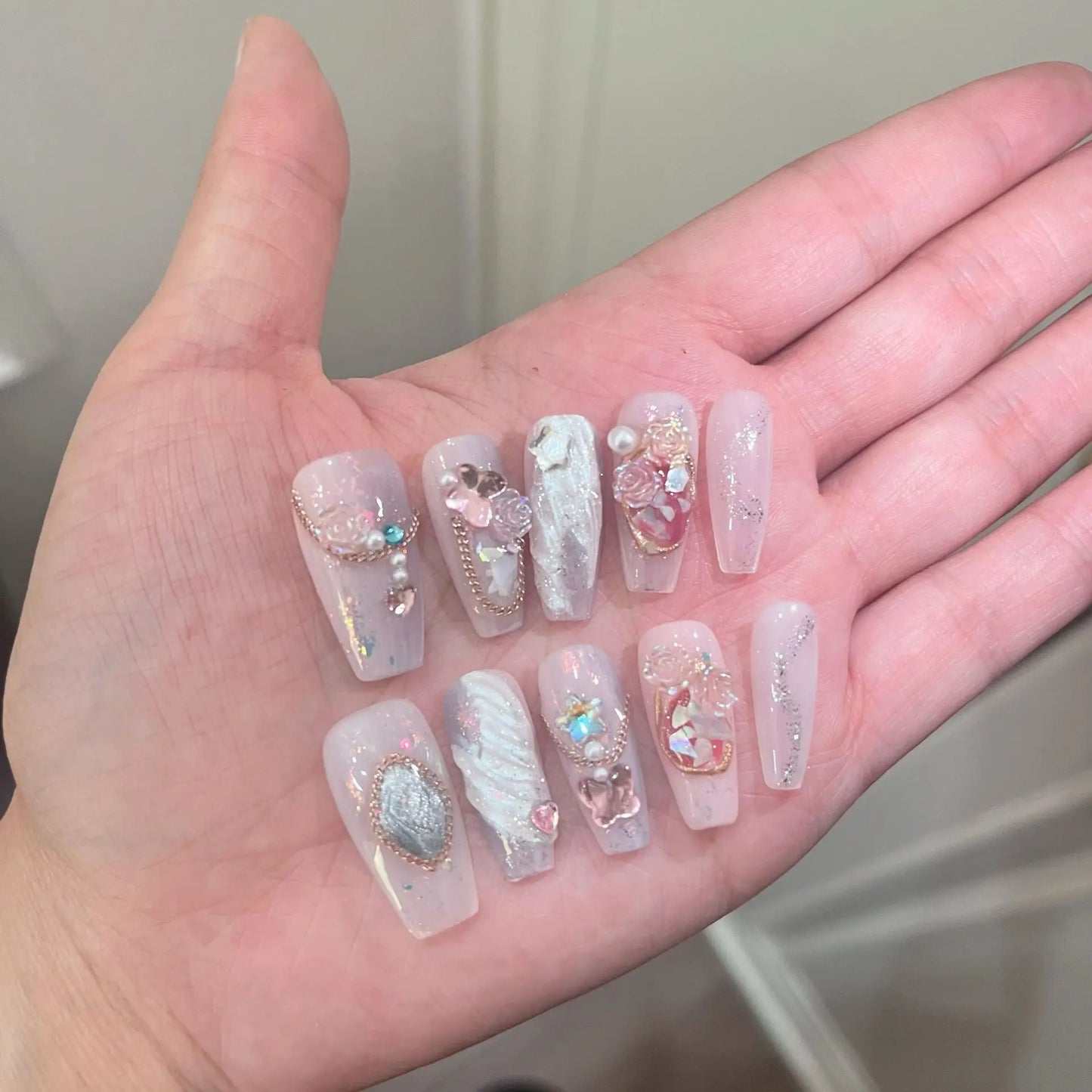 10Pcs Pink Handmade Press On Nails 3D Snake Heart French Ballet Y2K Fake Nails Full Cover False Nail Wearable Manicure Nail Tips