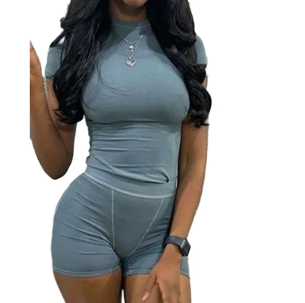Casual Workout Two Piece Outfits for Women Fitted Crew Neck T-shirt High Waist pants Matching Sets Streetwear