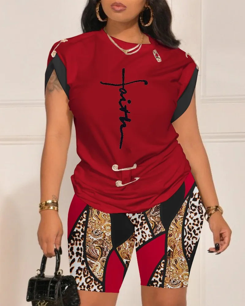 Casual Short Sleeve Tshirt Shorts Set Office Lady Spring Summer Fashion O-neck Letter Print Two Piece Set Women Outfit 2023