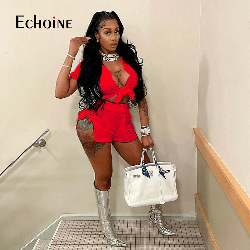 Echoine Women Solid Fashion Two Piece Set ShortSleeve Cardigan Tops and Shorts Suit Casual Sunscreen Party Sportswear Outfits