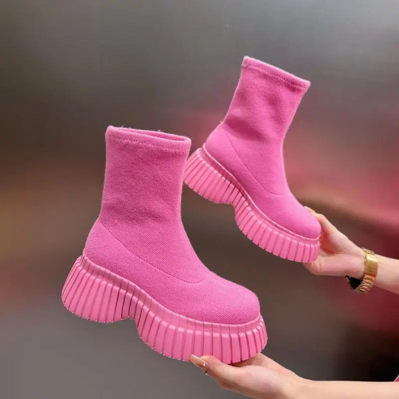 New Women's Slim Fit Breathable Slip-On Ankle Boots Thick Sole Comfortable Heightened Sneakers Fashion Cowboy Footwear