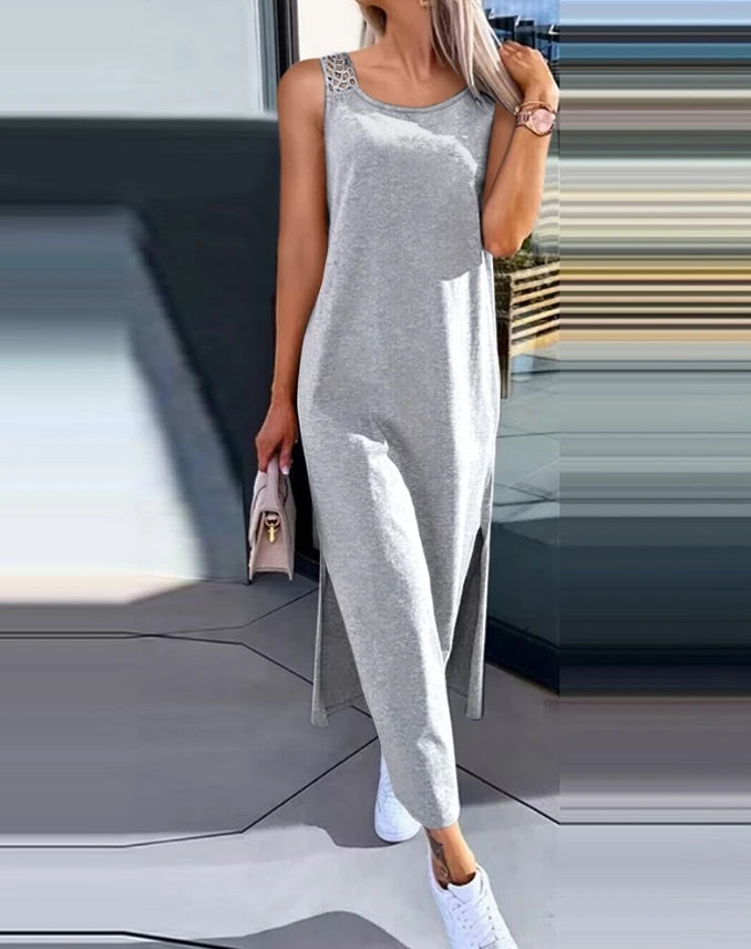 Women's Sleeveless round Neck Mid-Calf Dress Summer 2024 Fashion Slit Hollow-Out Casual Straight Dress for Daily Wear