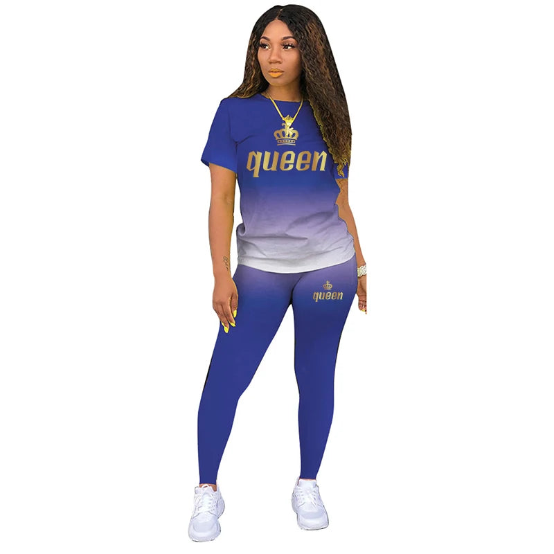Two Piece Outfits For Yoga Fitness Athletic Sets Printed Gradient T Shirt Leggings Women's Short Sleeve Sportwear S-5XL