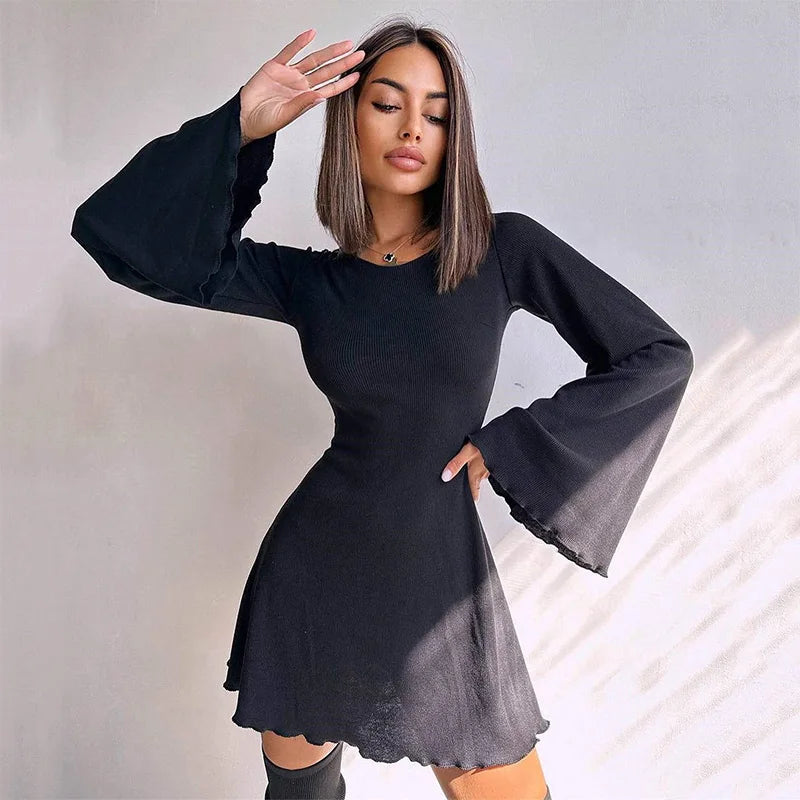 Mini Short Party Dress for Women Sexy Nightclub Flare Sleeves O Neck Back Bandage Eye Catching Autumn Fashion