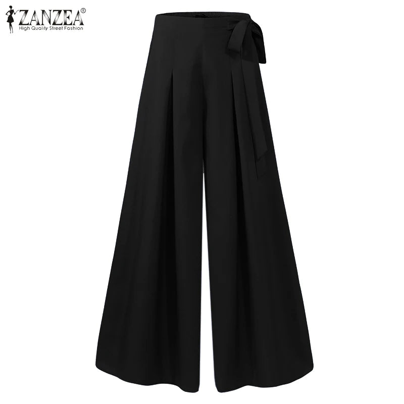 Elegant High Waist Solid Work Trousers ZANZEA Fashion Summer Women Loose Wide Leg Pants Palazzo Oversized Bow Tie Long Pantalon