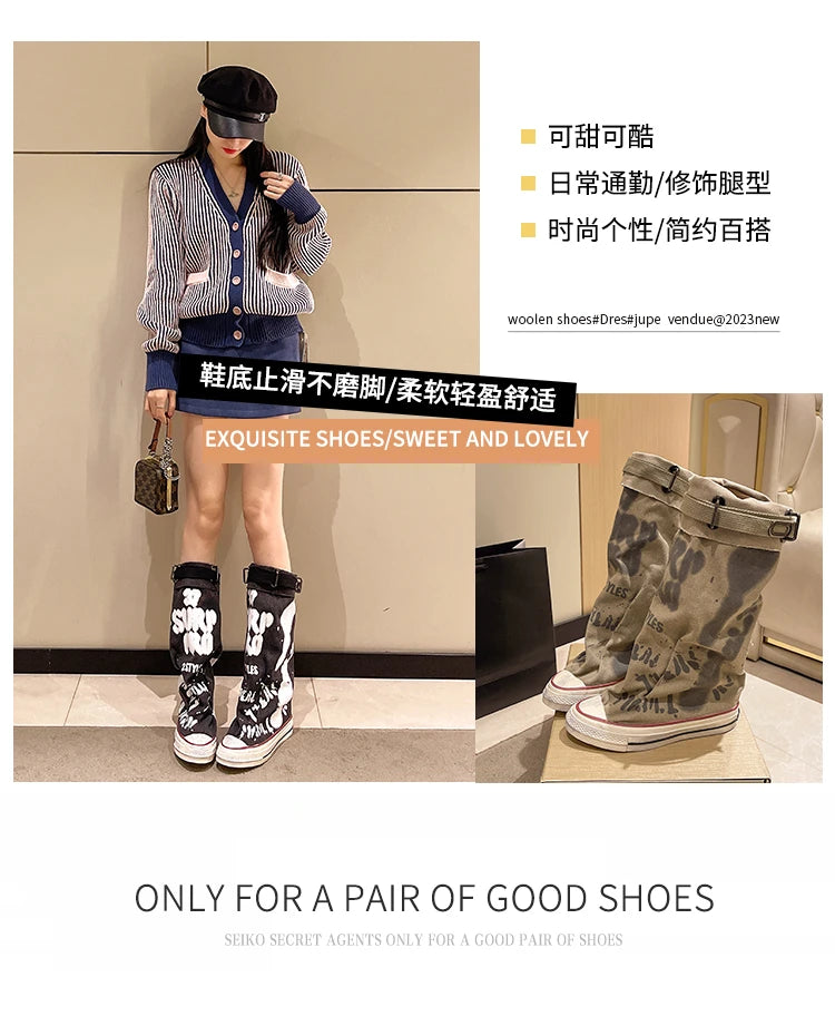 Women's Spring Graffiti High Canvas Boots Round Head Middle Follow Anti-slip Boots Women Leisure Fashion Rubber Sole Botas Mujer