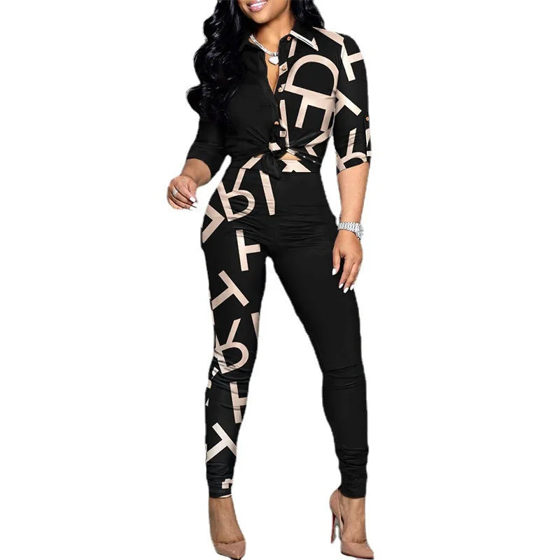 Women Fashion Print Suit Long Sleeve Turn-down Collar Shirt Mid Waist Pants New Casual Office Two Piece Set Women's Clothes