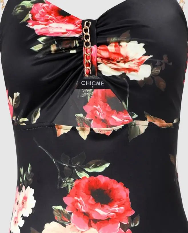 Sexy Floral Print High Slit Bodycon Dress Summer Daily Fashion Sleeveless Chain Decor Cutout Maxi Skinny Party Dresses