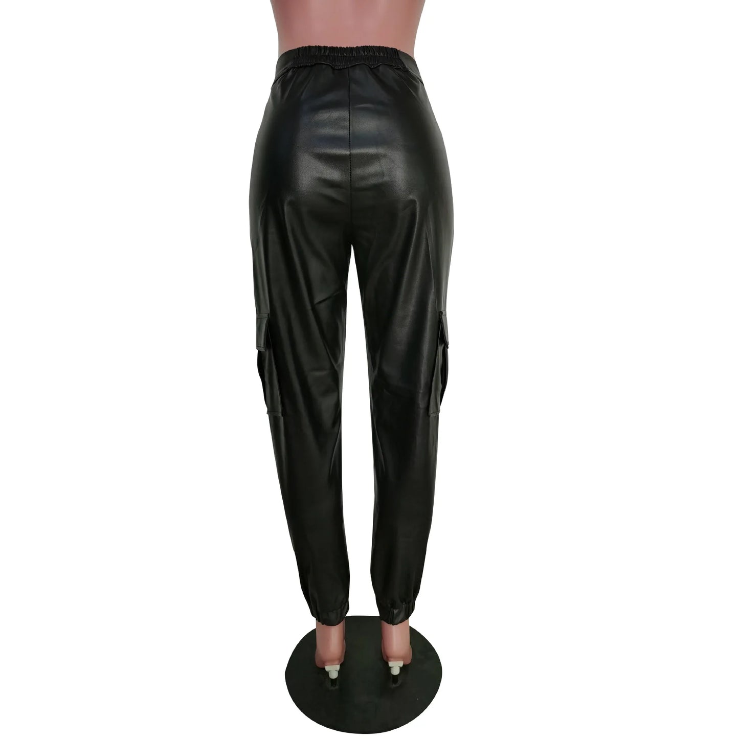 Autumn Winter Fashion Women's Trousers Faux Leather High Waisted Joggers with Zipper Multi Pocket Straight-Leg Cargo Pants