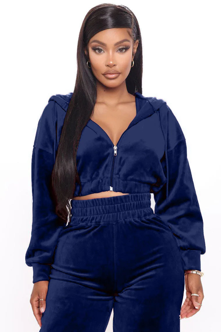 Solid Velvet Two Piece Sets Women Hoodie Crop Jacket 2 Piece Joggers Pants Outfits Velour Jogging Suits Trousers juicy Tracksuit