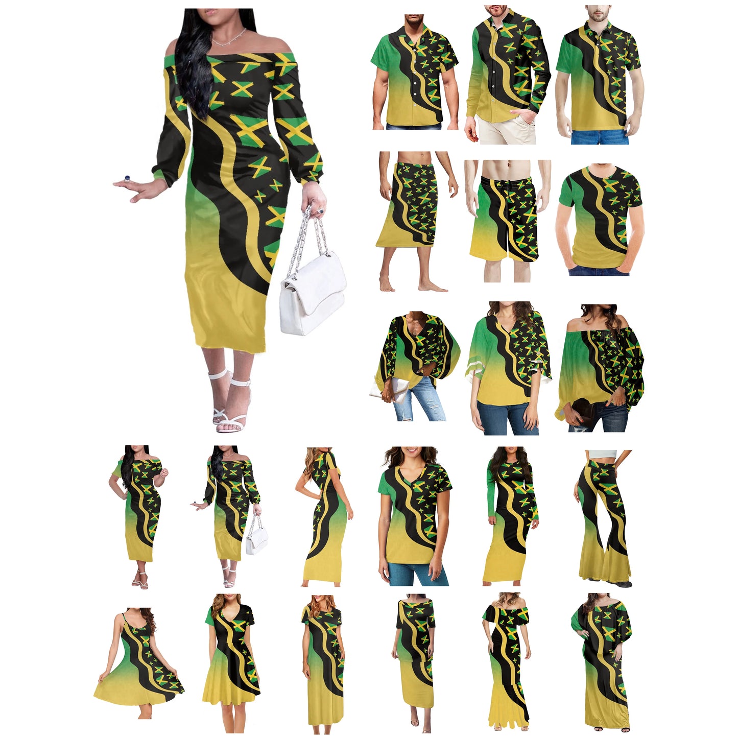 Off-The-Shoulder Long Skirt for Ladies with Big Front Jamaica Flag Print Puff Sleeves Tailor-Made Eye-Catching Design