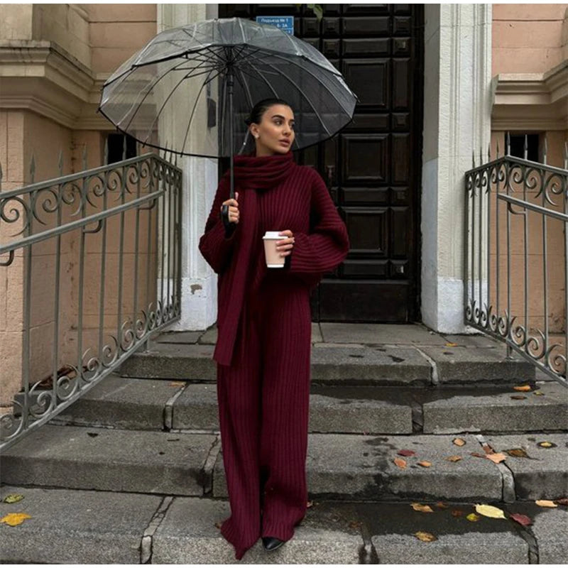 Oversize Knitted Women's Set V-Neck Full Sleeve Scarf Pullover Long Trousers Casual Loose Lady Suit for Autumn
