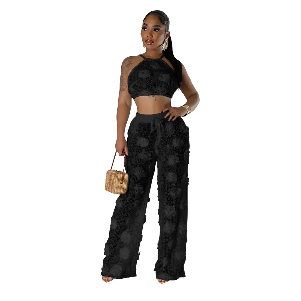 Sexy Crop Mesh Tops Two Piece Pant Set Outfits Matching Sets 2024 Women Y2K Streetwear Elegant Flower 2 Piece Summer Set