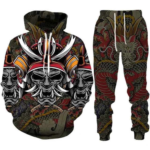 Tracksuit Sets Boys Hoodie Japan Samurai Mask Tattoo Art 3D Printed Casual Fashion Harajuku Streetwear Clothes For Boys Clothing