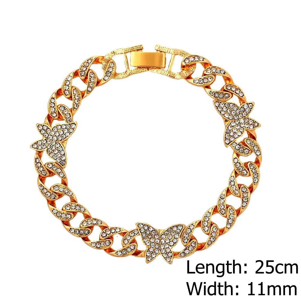 Gold chain bracelet with rhinestone butterfly charms, 25cm length, 11mm width