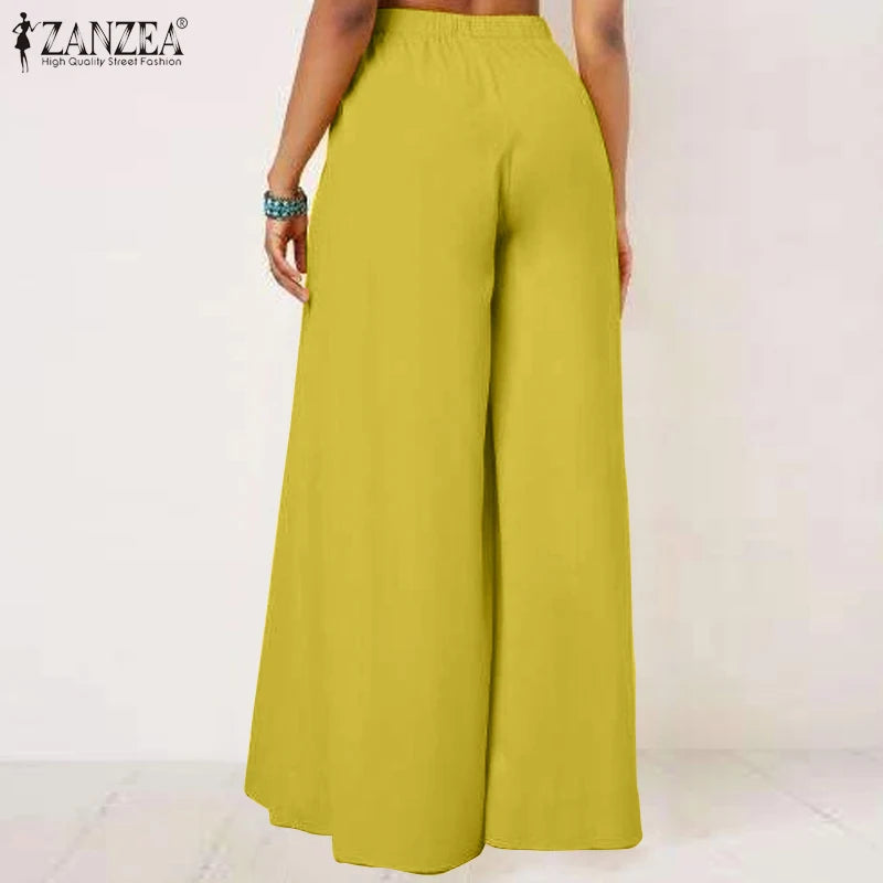 Elegant High Waist Solid Work Trousers ZANZEA Fashion Summer Women Loose Wide Leg Pants Palazzo Oversized Bow Tie Long Pantalon