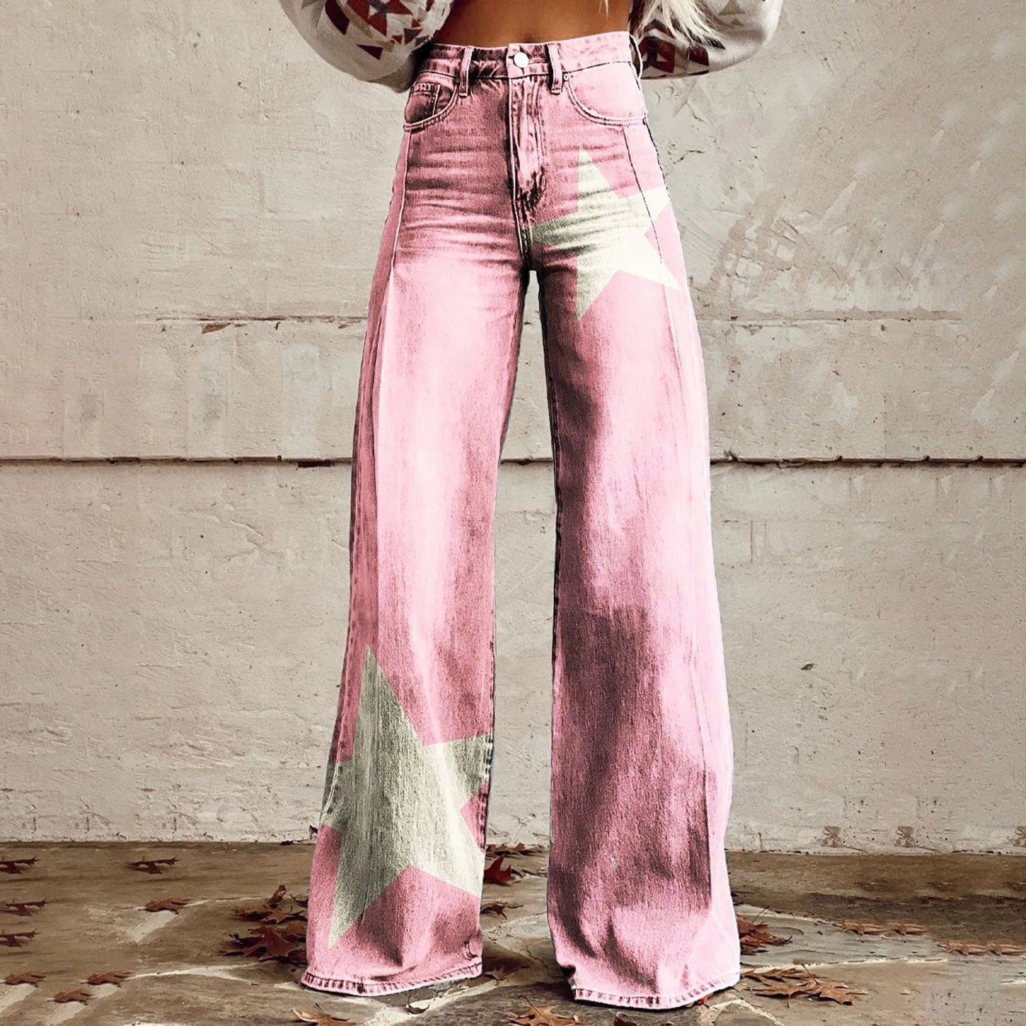 Casual Vintage Wide Leg Imitation Jeans High Waisted Women's Fashion Loose Fit Denim Pants with 90s Floral Print and Pocket Button