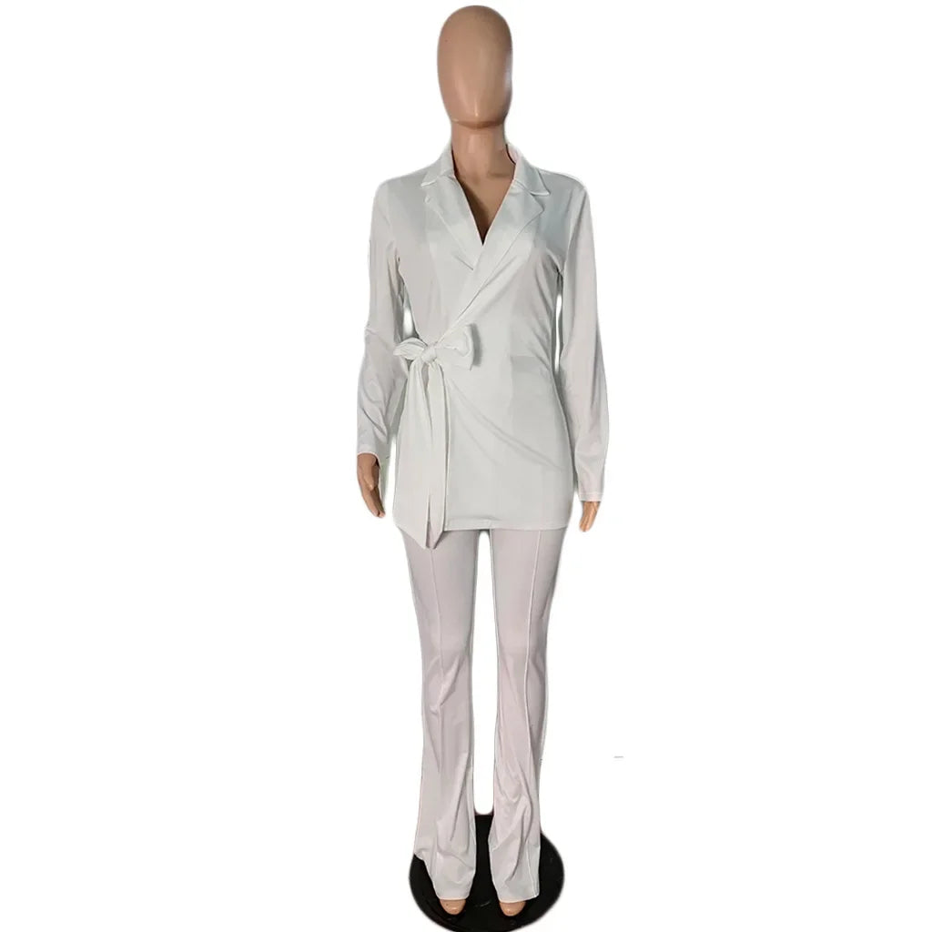 CM.YAYA Elegant Women's Tracksuit Sashes Up Blazers and Straight Wide Leg Pants Suit Office Lady Matching Two 2 Piece Set Outfit