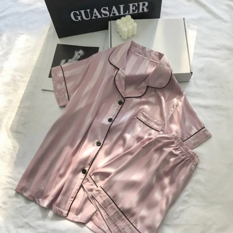 Womens Silk Satin Pajamas Set 2024 Short Sleeve Two-piece Pajama Sets Striped Sleepwear Female Loungewear Button-Down pyjamas