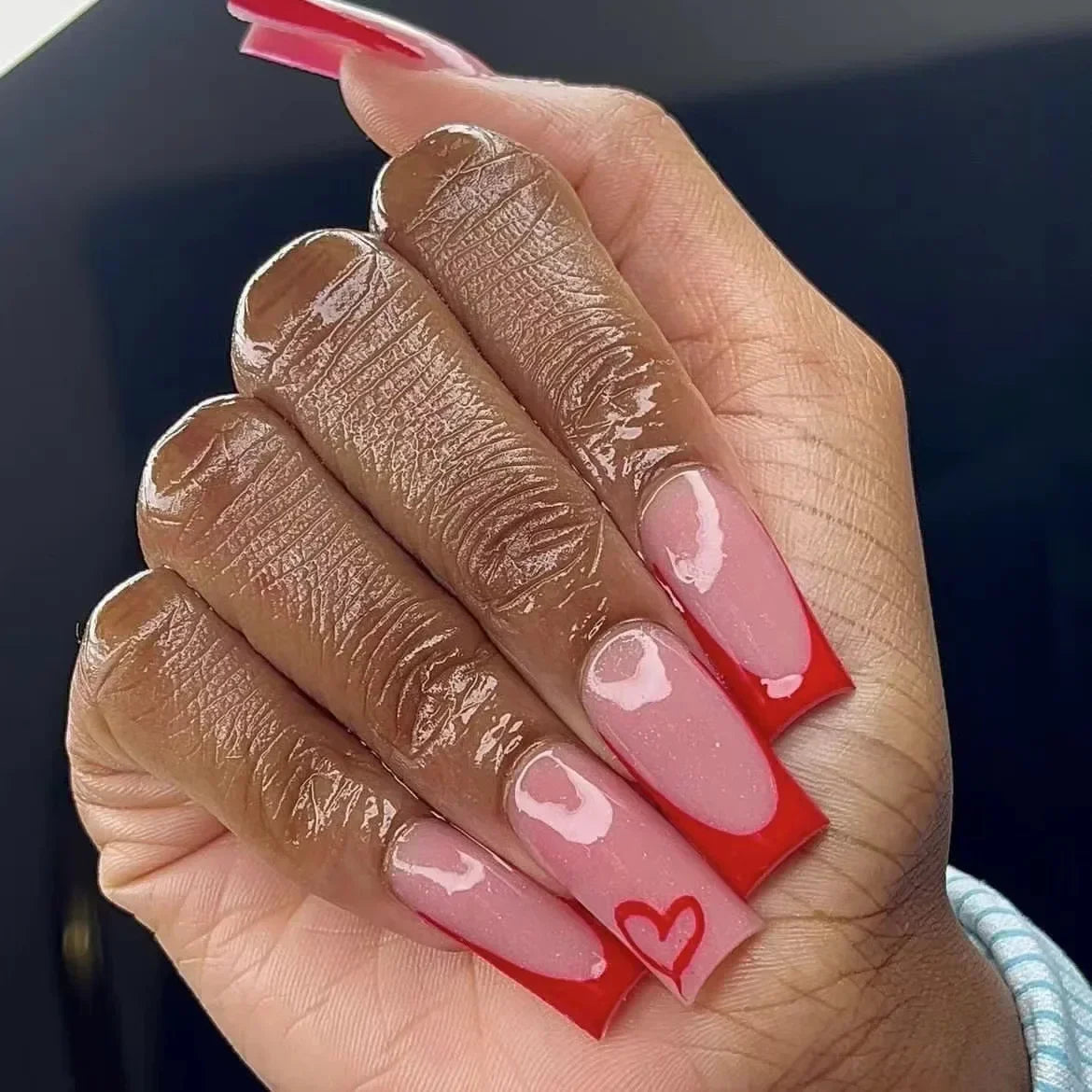 24Pcs Shimmery Long Coffin False Nails with Glue Ballerina Nail Design Sweet Fashion French Press on Acrylic Nails Manicure Tips
