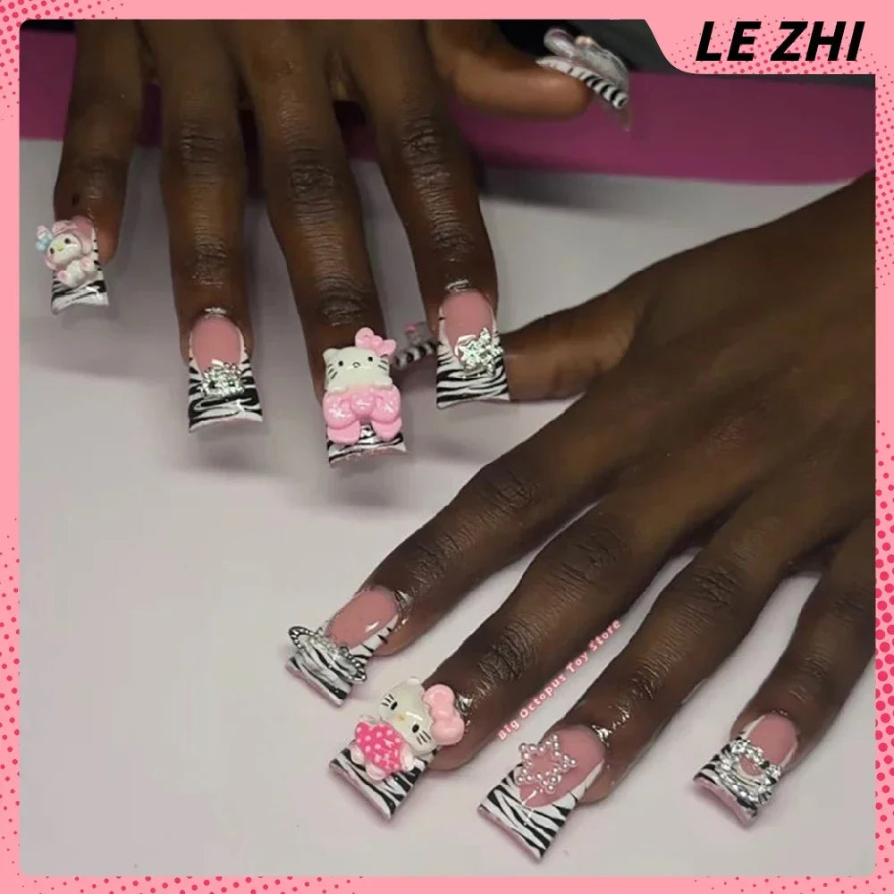 Xxl Euro-Americaen Long Square Cartoon Fake Nails Hello Kitty Mymelody Kuromi Luxury Diamond Handmade Nail Tips Party Sticker