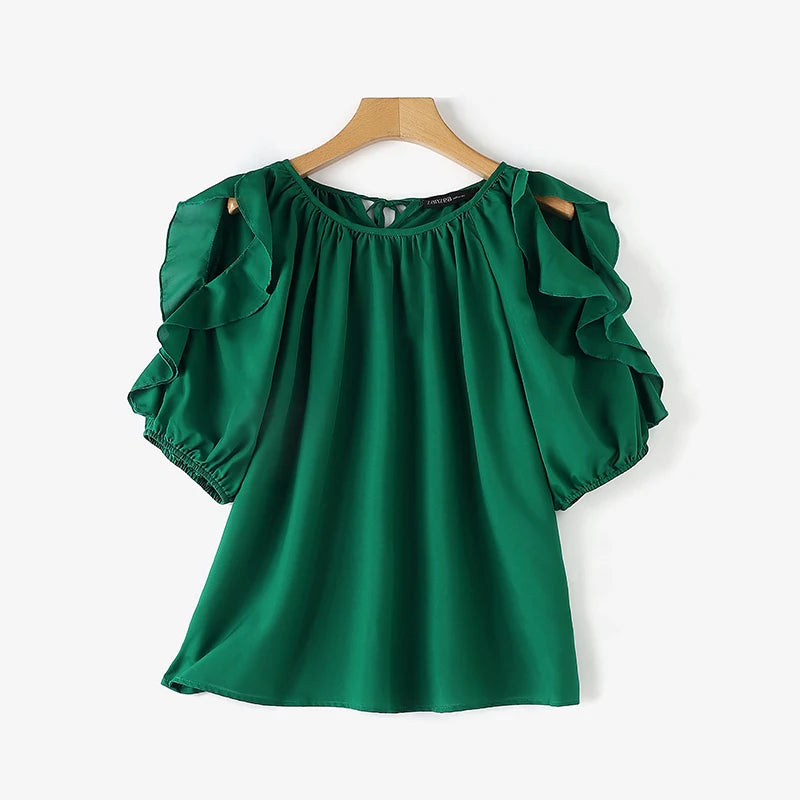 ZANZEA Women's Cold Shoulder Ruffled Blouse Half Sleeve Casual Loose Top with Back Straps Pleated Summer Tunic Fashion O-Neck