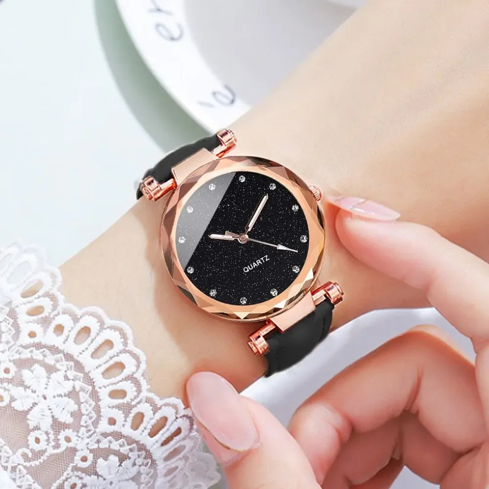 Luxury Fashion Women's Watch Set 2pcs PU Leather Strap Quartz Wristwatch with Rhinestone Rosegold Alloy Bracelet for Ladies Gift