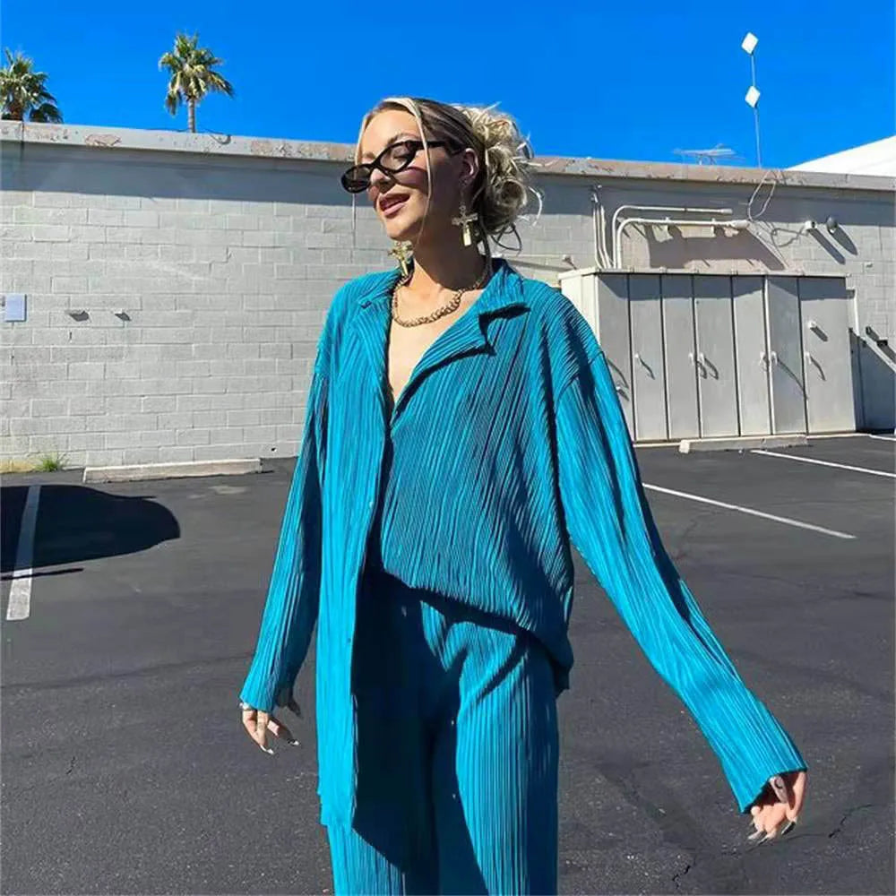 New Spring And Autumn Suit Women's Pleated Lapel Shirt Loose Casual Suit Solid Color Drape Pleated Casual Suit