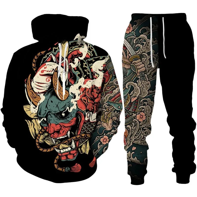 Tracksuit Sets Boys Hoodie Japan Samurai Mask Tattoo Art 3D Printed Casual Fashion Harajuku Streetwear Clothes For Boys Clothing