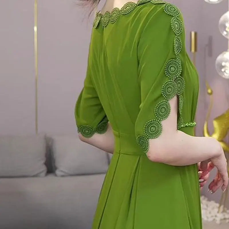Summer Elegant Petal Sleeve Dresses Stylish Lace Spliced Pleated Women's Clothing Waist Chic Beading Casual O-Neck Long Dress