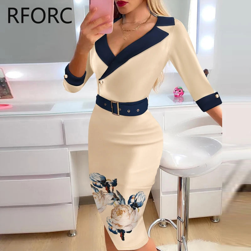 Women Floral Print with Belts Notched Collar Half Long Sleeves Midi Bodycon Formal Party Dress