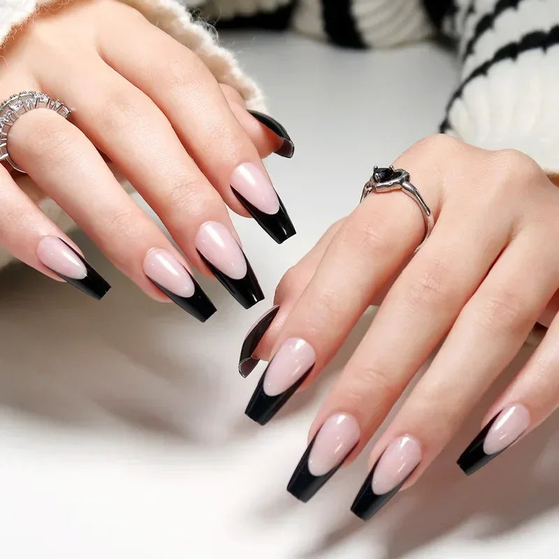 24Pcs Shimmery Long Coffin False Nails with Glue Ballerina Nail Design Sweet Fashion French Press on Acrylic Nails Manicure Tips