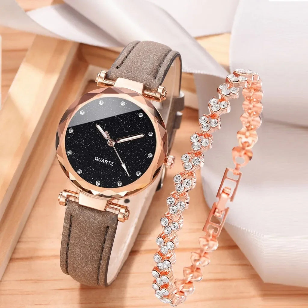Luxury Fashion Women's Watch Set 2pcs PU Leather Strap Quartz Wristwatch with Rhinestone Rosegold Alloy Bracelet for Ladies Gift