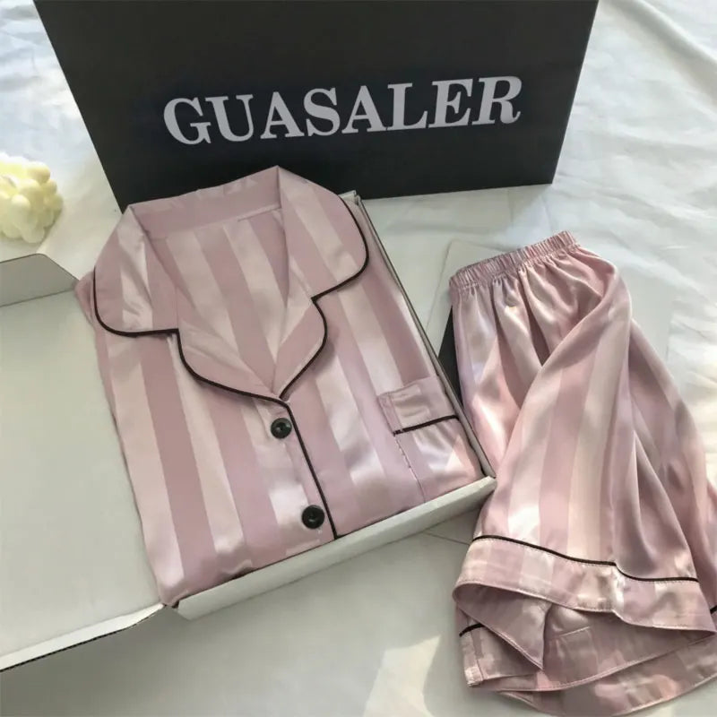 Womens Silk Satin Pajamas Set 2024 Short Sleeve Two-piece Pajama Sets Striped Sleepwear Female Loungewear Button-Down pyjamas