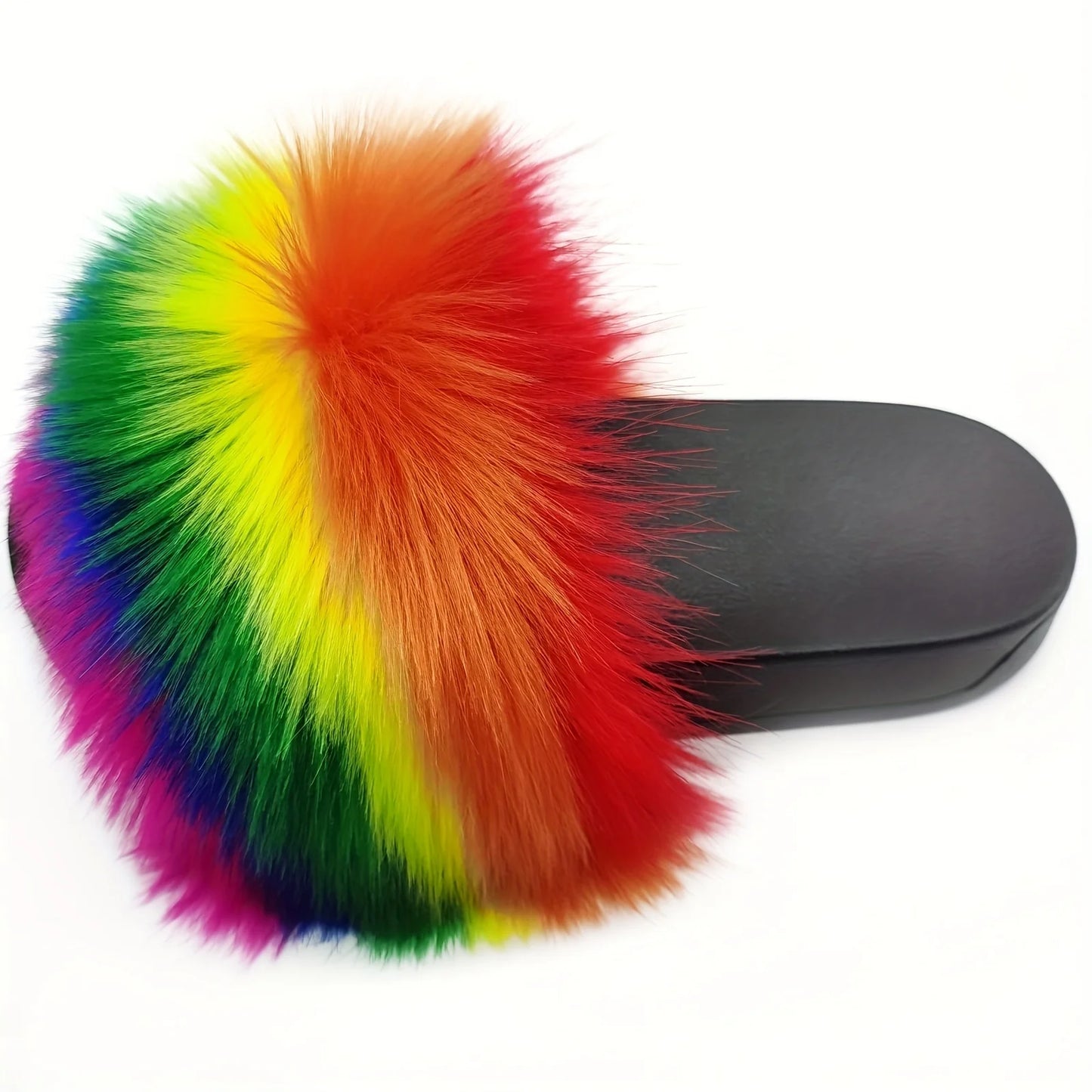 Women's Summer Rainbow Faux Fur Slippers Thick Non-slip Soles Breathable Home Fur Slides Outdoor Flip Flops Fuzzy Sandals