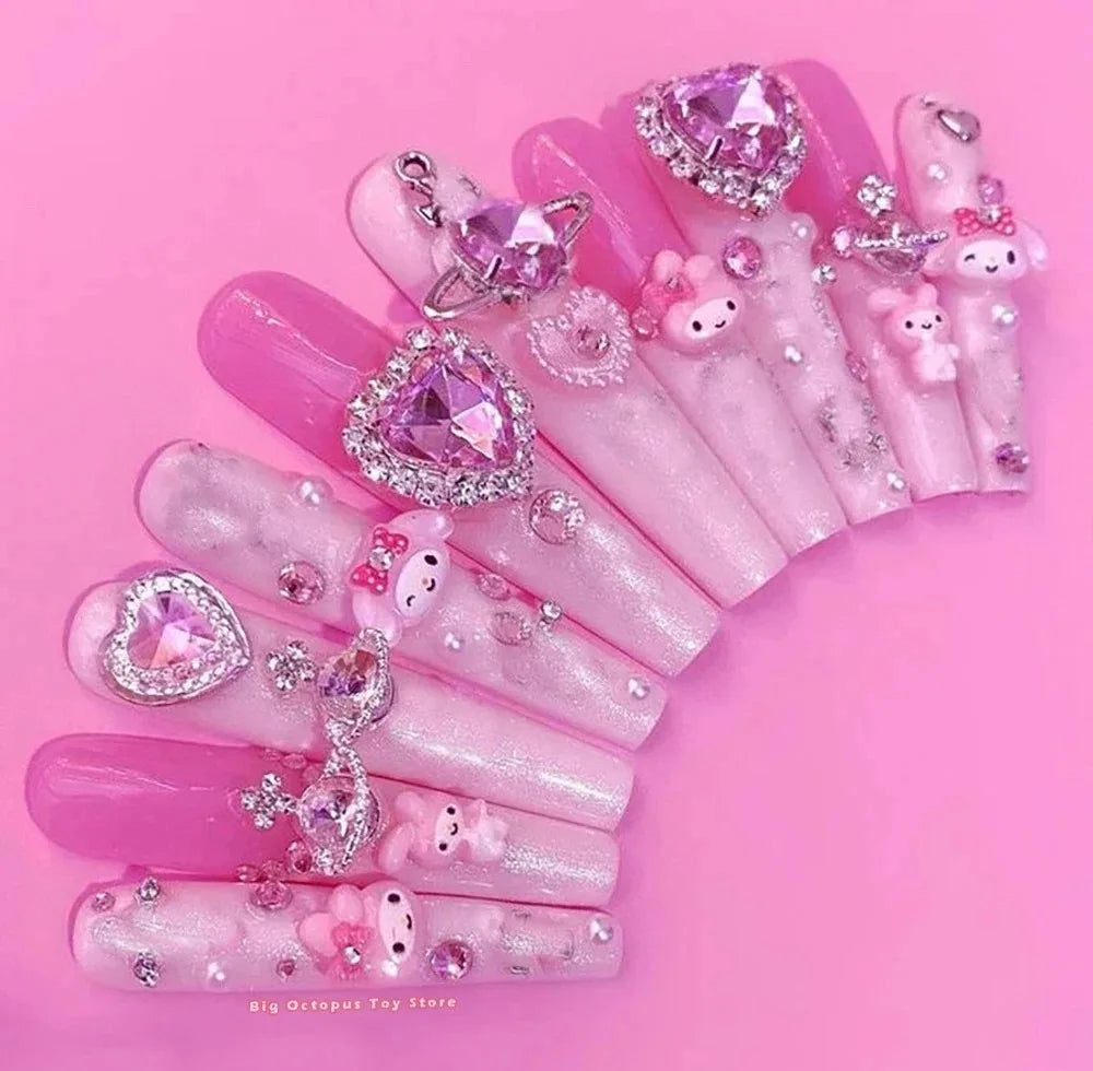 Xxl Euro-Americaen Long Square Cartoon Fake Nails Hello Kitty Mymelody Kuromi Luxury Diamond Handmade Nail Tips Party Sticker