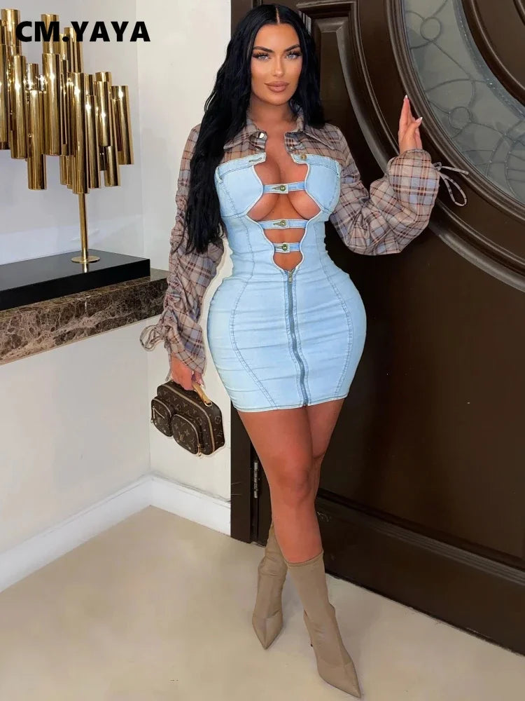CM.YAYA Fashion Women Plaid Denim Patchwork Long Sleeve Shirt Dress Fall Sexy Party Hollow Out Autumn Winter Street Mini Dresses
