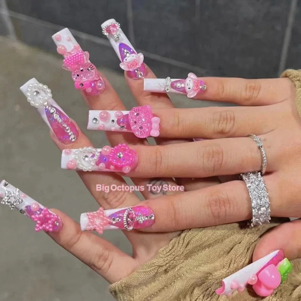 Xxl Euro-Americaen Long Square Cartoon Fake Nails Hello Kitty Mymelody Kuromi Luxury Diamond Handmade Nail Tips Party Sticker