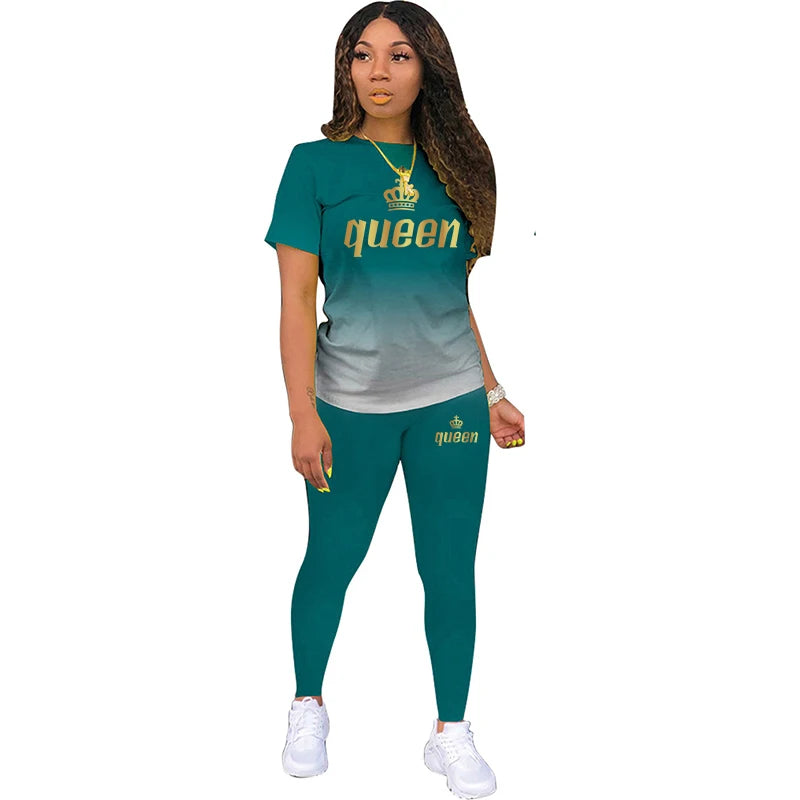 Two Piece Outfits For Yoga Fitness Athletic Sets Printed Gradient T Shirt Leggings Women's Short Sleeve Sportwear S-5XL