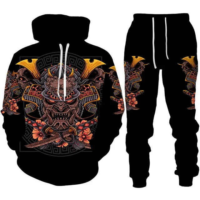 Tracksuit Sets Boys Hoodie Japan Samurai Mask Tattoo Art 3D Printed Casual Fashion Harajuku Streetwear Clothes For Boys Clothing