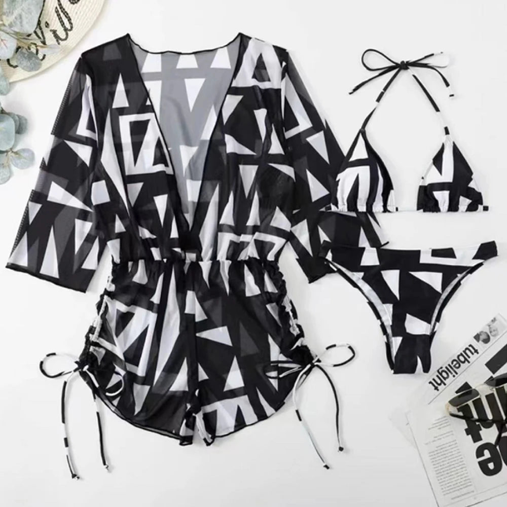 3 pieces Halter Bikini Tropical Print Swimsuit Drawstring Side Swimwear Women Long Sleeve Bathing Suit Female Swimming Beachwear